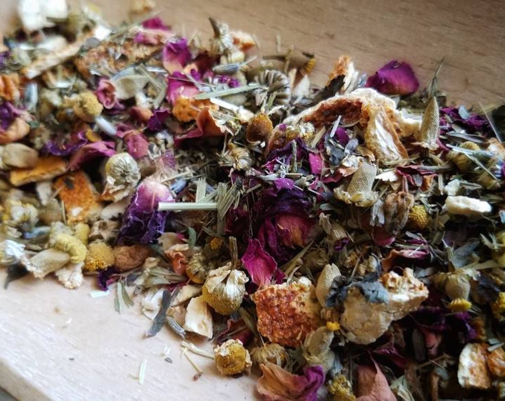 Moontime Tea- period cramps, pain bloating, handcrafted artisan wildcrafted organic loose leaf gourmet herbal tea