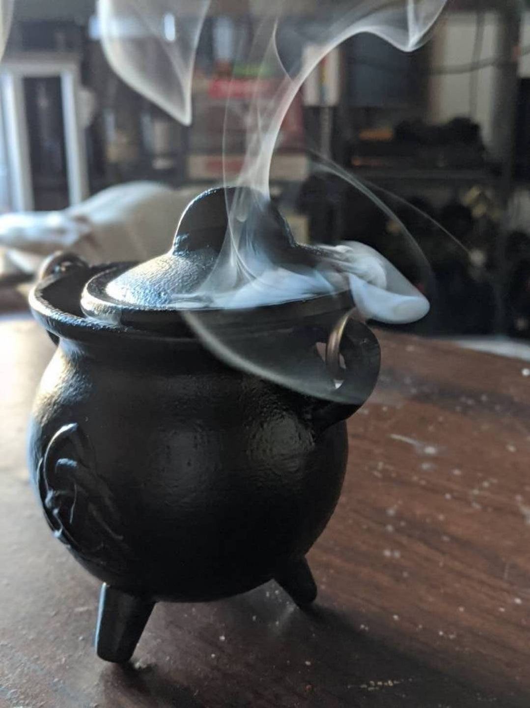 Cast Iron Cauldron with Lid Metal Handle and Handmade loose incense, kitchen witch decor, Apothecary, Wiccan Altar offering, triple moon