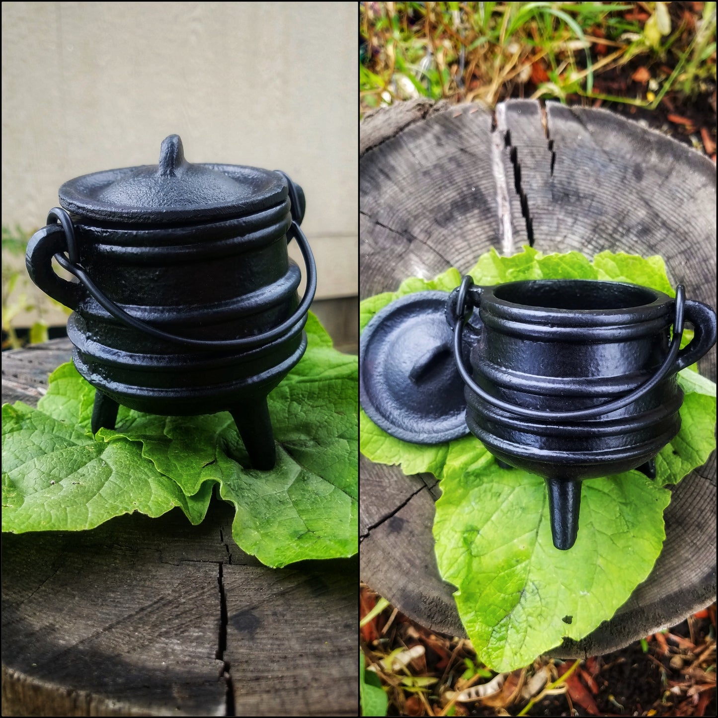 Cast Iron Cauldron with Lid Metal Handle and Handmade loose incense, kitchen witch decor, Apothecary, Wiccan Altar offering, triple moon