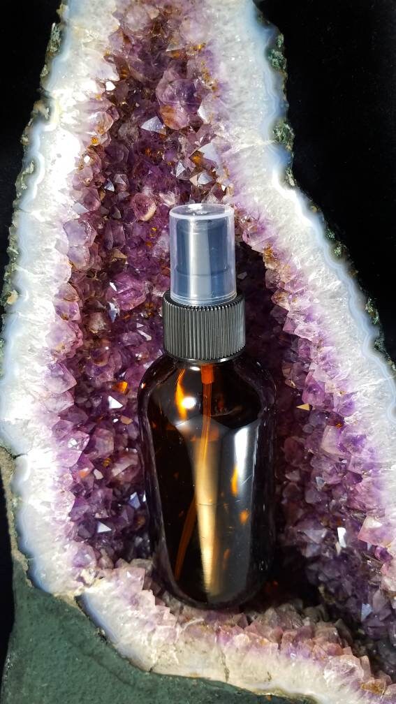 Aura Cleansing Intention Spray Glass Bottle, Aura detox crystal infused moon water spray, aromatherapy crystal imbued lunar water room scent