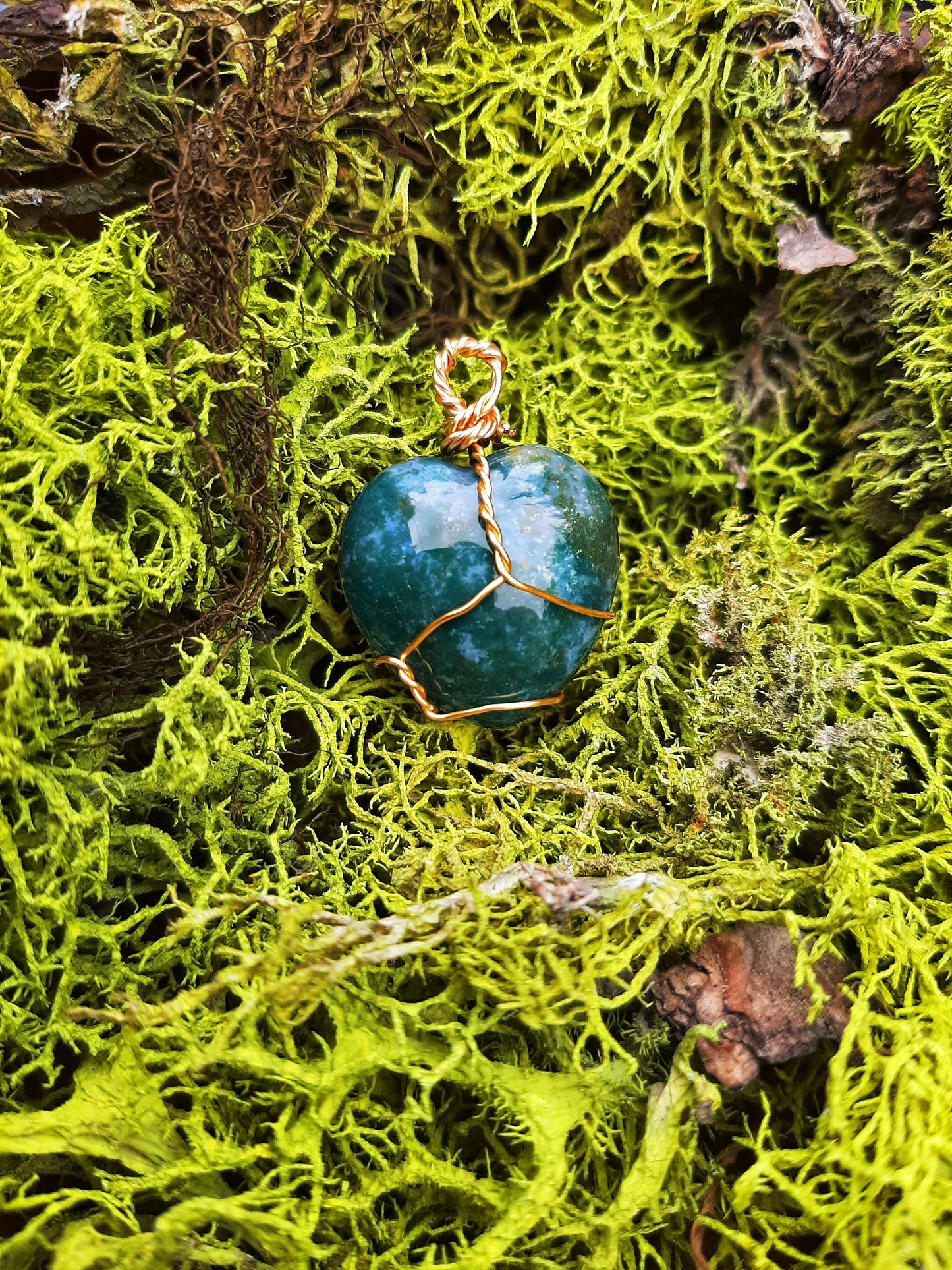 18k Gold Moss Agate Heart Necklace Pendant with Cord, genuine stone meditation crystal, wire wrapping witch jewelry