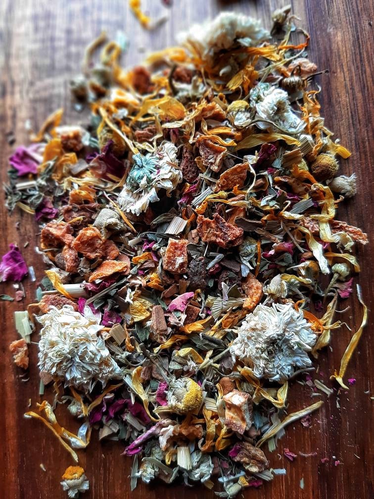 Manifesting Joy and Happiness Loose Leaf Tea Blend, mood boosting all natural artisan handcrafted wildcraft organic loose leaf herbal tisane