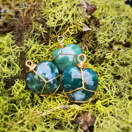 18k Gold Moss Agate Heart Necklace Pendant with Cord, genuine stone meditation crystal, wire wrapping witch jewelry