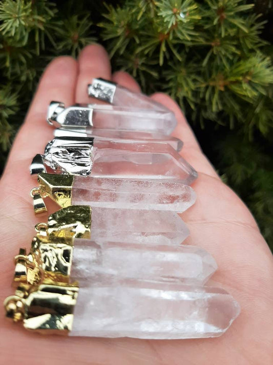 Clear Quartz Necklace Crystal Point Pendant, Genuine Natural Gemstone Electroplated Crystal Pendant, Crystal Witch Quartz Jewelry