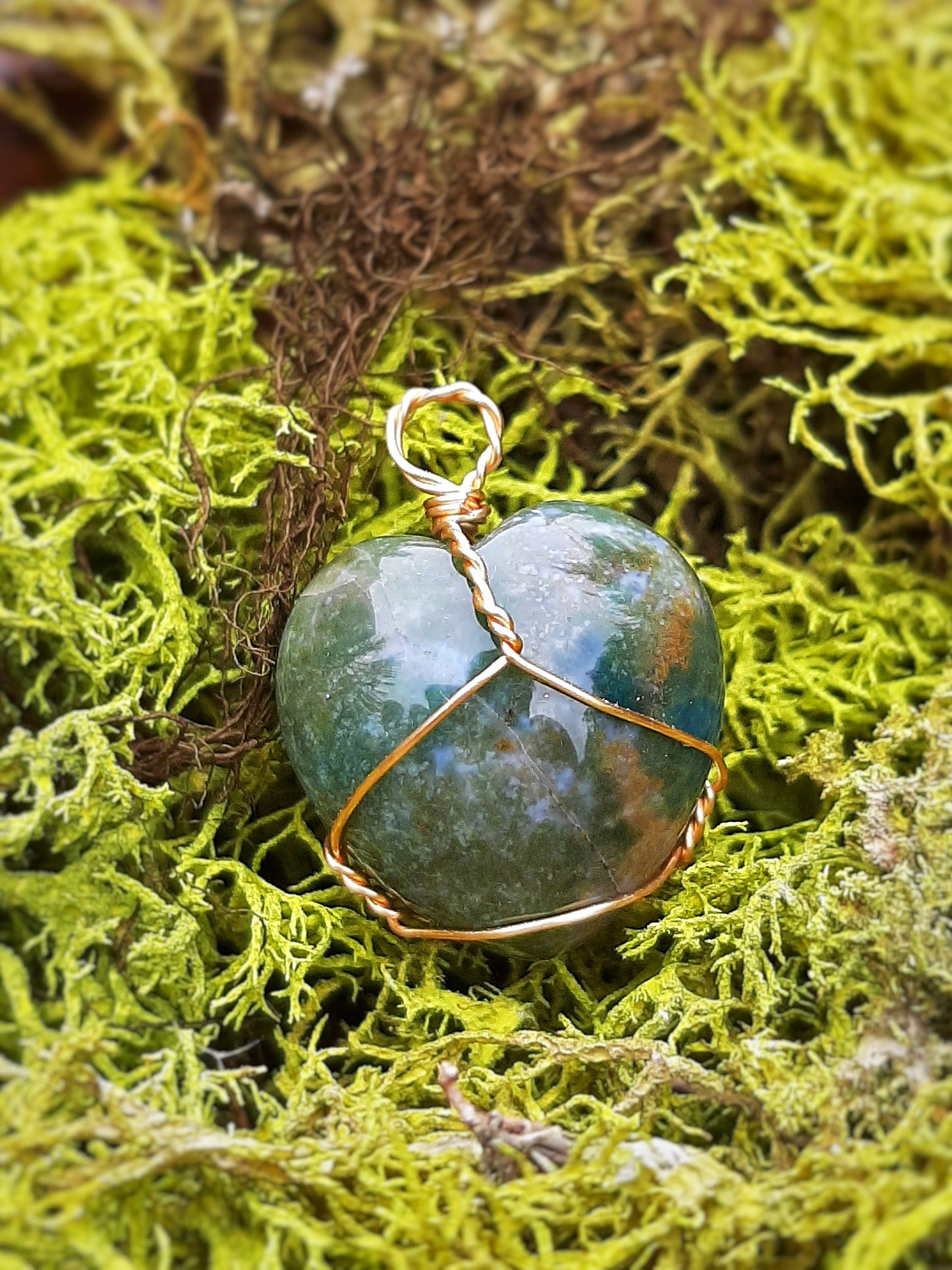 18k Gold Moss Agate Heart Necklace Pendant with Cord, genuine stone meditation crystal, wire wrapping witch jewelry