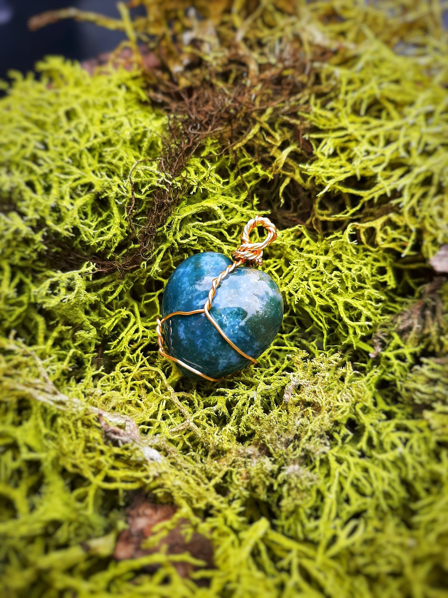 18k Gold Moss Agate Heart Necklace Pendant with Cord, genuine stone meditation crystal, wire wrapping witch jewelry