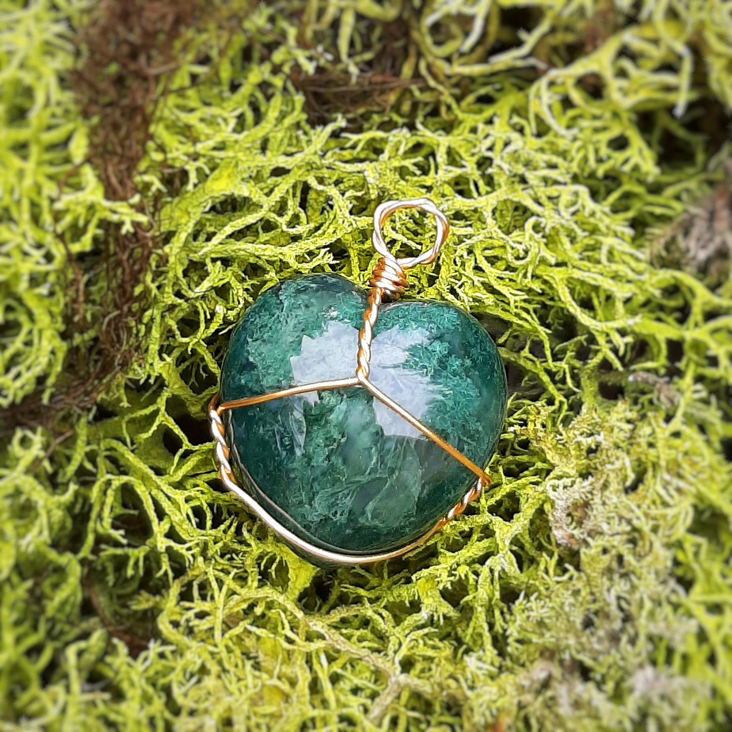 18k Gold Moss Agate Heart Necklace Pendant with Cord, genuine stone meditation crystal, wire wrapping witch jewelry