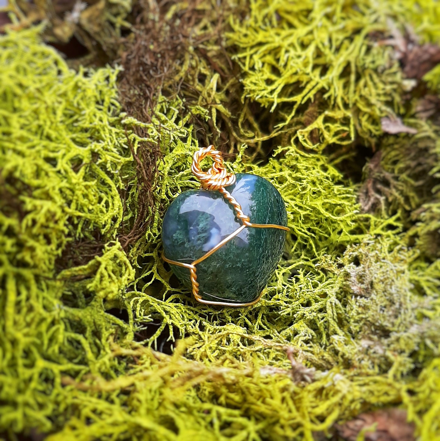 18k Gold Moss Agate Heart Necklace Pendant with Cord, genuine stone meditation crystal, wire wrapping witch jewelry