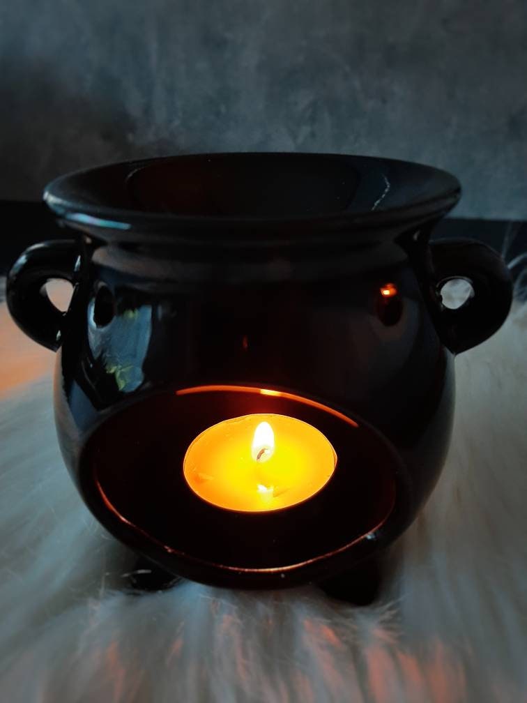 Witches Cauldron Ceramic Oil Burner, Tea Light Oil Diffuser Lamp for Wax Melts Warmer, kitchen witch decor, Wiccan Altar Herbal Spells