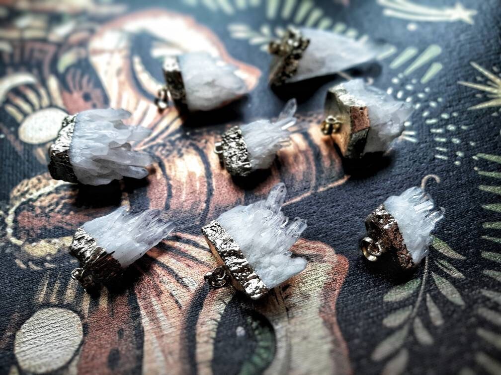 Quartz Necklace with Cord, Raw Clear Quartz Cluster Pendant, Natural Gemstone Crystal Electroplated Pendant, Crystal Witch Jewelry