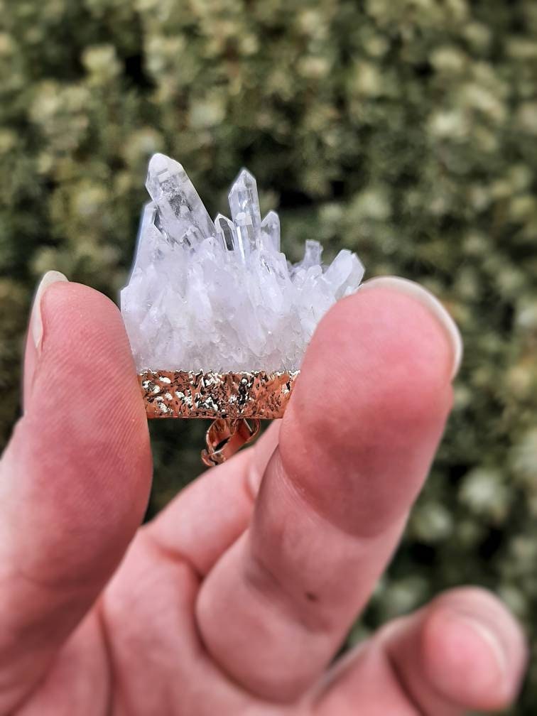 Quartz Necklace with Cord, Raw Clear Quartz Cluster Pendant, Natural Gemstone Crystal Electroplated Pendant, Crystal Witch Jewelry