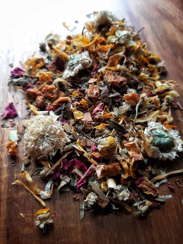 Manifesting Joy and Happiness Loose Leaf Tea Blend, mood boosting all natural artisan handcrafted wildcraft organic loose leaf herbal tisane