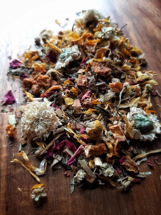Manifesting Joy and Happiness Loose Leaf Tea Blend, mood boosting all natural artisan handcrafted wildcraft organic loose leaf herbal tisane