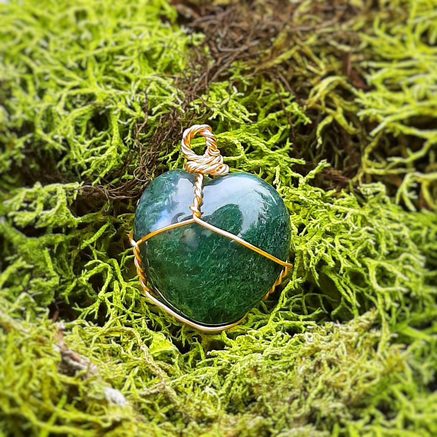 18k Gold Moss Agate Heart Necklace Pendant with Cord, genuine stone meditation crystal, wire wrapping witch jewelry