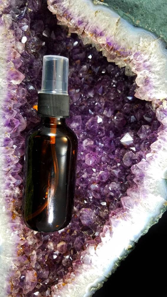 Aura Cleansing Intention Spray Glass Bottle, Aura detox crystal infused moon water spray, aromatherapy crystal imbued lunar water room scent