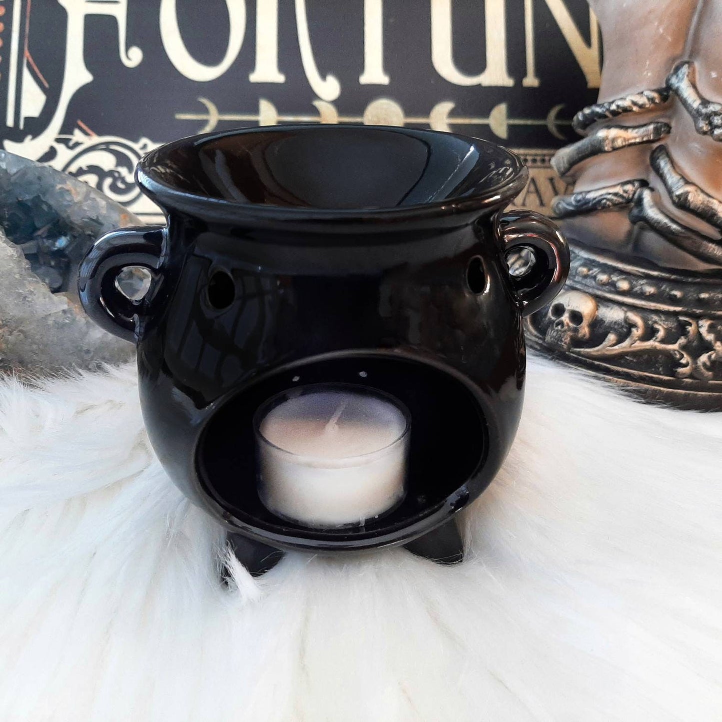 Witches Cauldron Ceramic Oil Burner, Tea Light Oil Diffuser Lamp for Wax Melts Warmer, kitchen witch decor, Wiccan Altar Herbal Spells