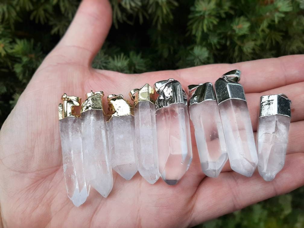 Clear Quartz Necklace Crystal Point Pendant, Genuine Natural Gemstone Electroplated Crystal Pendant, Crystal Witch Quartz Jewelry
