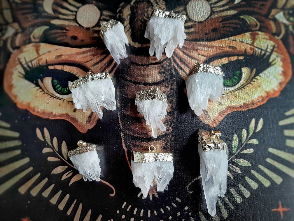 Quartz Necklace with Cord, Raw Clear Quartz Cluster Pendant, Natural Gemstone Crystal Electroplated Pendant, Crystal Witch Jewelry