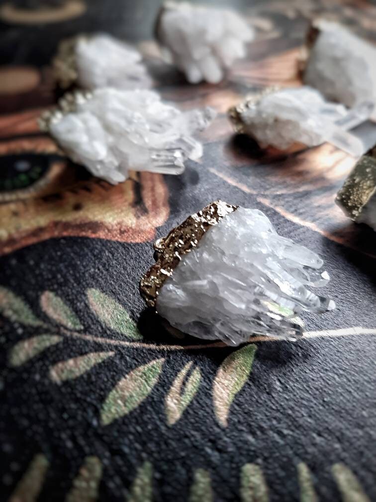 Quartz Necklace with Cord, Raw Clear Quartz Cluster Pendant, Natural Gemstone Crystal Electroplated Pendant, Crystal Witch Jewelry