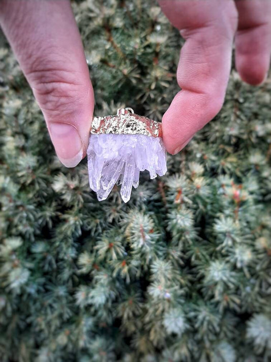 Quartz Necklace with Cord, Raw Clear Quartz Cluster Pendant, Natural Gemstone Crystal Electroplated Pendant, Crystal Witch Jewelry