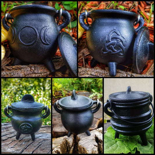 Cast Iron Cauldron with Lid Metal Handle and Handmade loose incense, kitchen witch decor, Apothecary, Wiccan Altar offering, triple moon