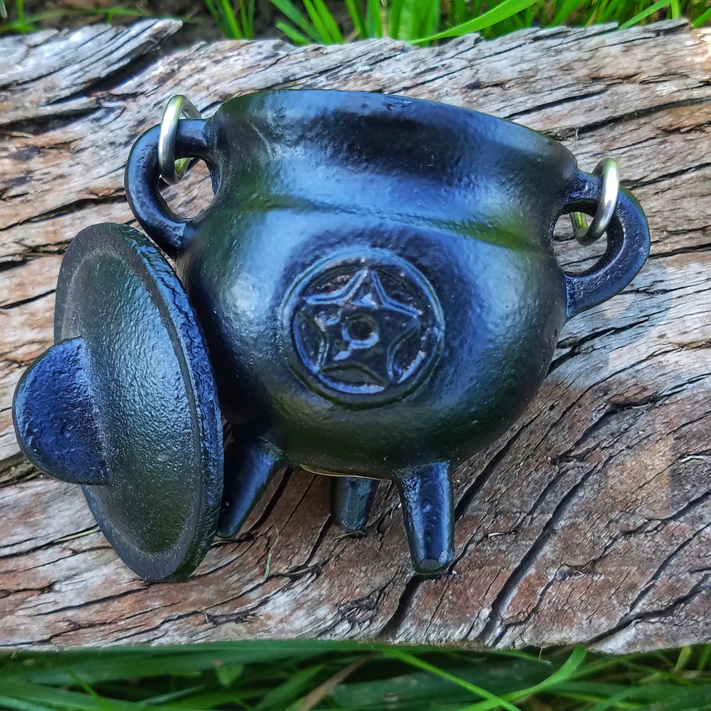 Cast Iron Cauldron with Lid Metal Handle and Handmade loose incense, kitchen witch decor, Apothecary, Wiccan Altar offering, triple moon