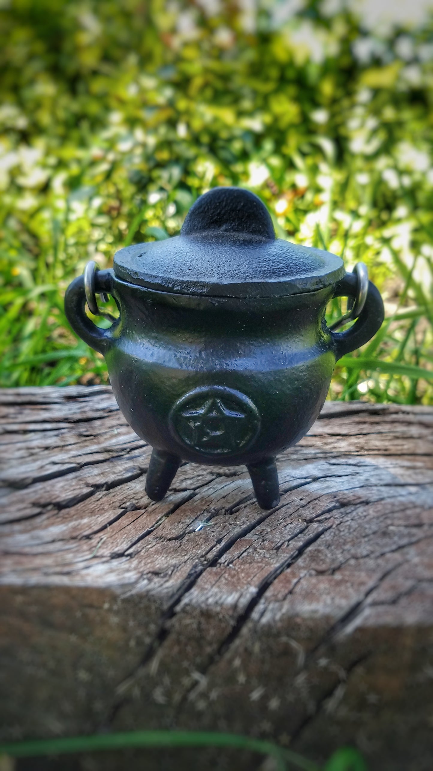 Cast Iron Cauldron with Lid Metal Handle and Handmade loose incense, kitchen witch decor, Apothecary, Wiccan Altar offering, triple moon