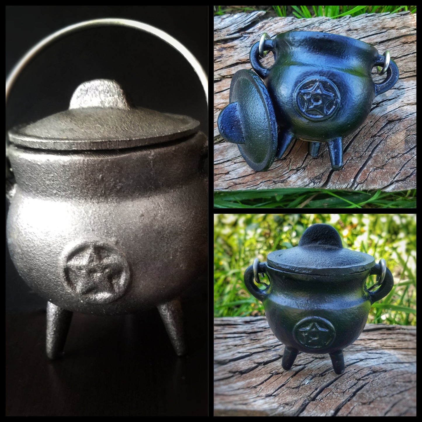 Cast Iron Cauldron with Lid Metal Handle and Handmade loose incense, kitchen witch decor, Apothecary, Wiccan Altar offering, triple moon