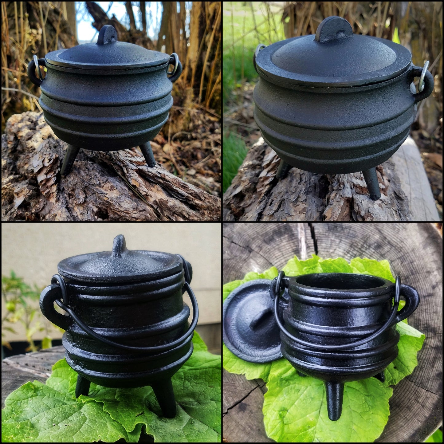 Cast Iron Cauldron with Lid Metal Handle and Handmade loose incense, kitchen witch decor, Apothecary, Wiccan Altar offering, triple moon