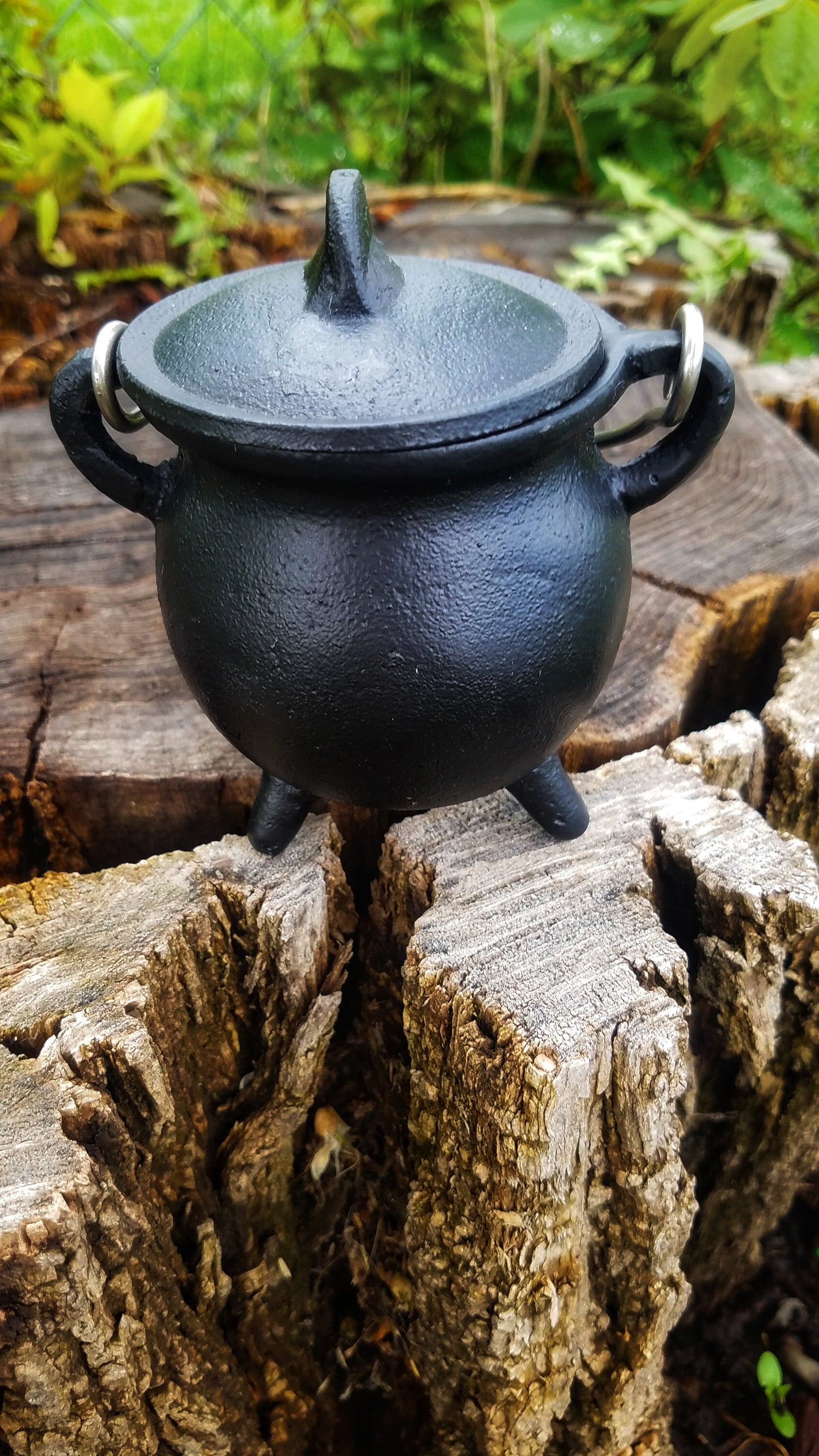 Cast Iron Cauldron with Lid Metal Handle and Handmade loose incense, kitchen witch decor, Apothecary, Wiccan Altar offering, triple moon