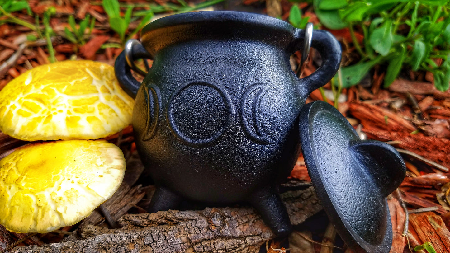 Cast Iron Cauldron with Lid Metal Handle and Handmade loose incense, kitchen witch decor, Apothecary, Wiccan Altar offering, triple moon