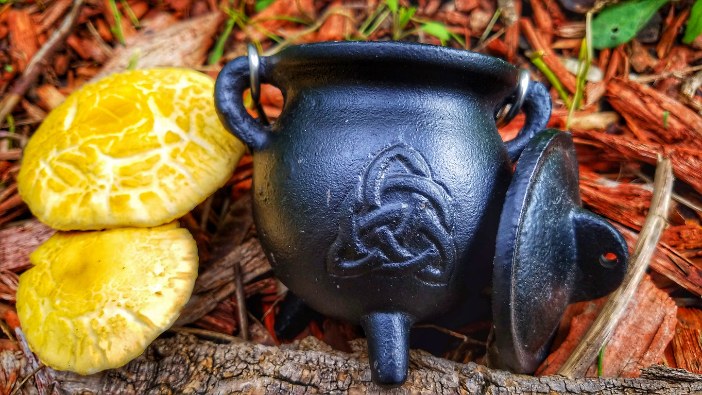 Cast Iron Cauldron with Lid Metal Handle and Handmade loose incense, kitchen witch decor, Apothecary, Wiccan Altar offering, triple moon