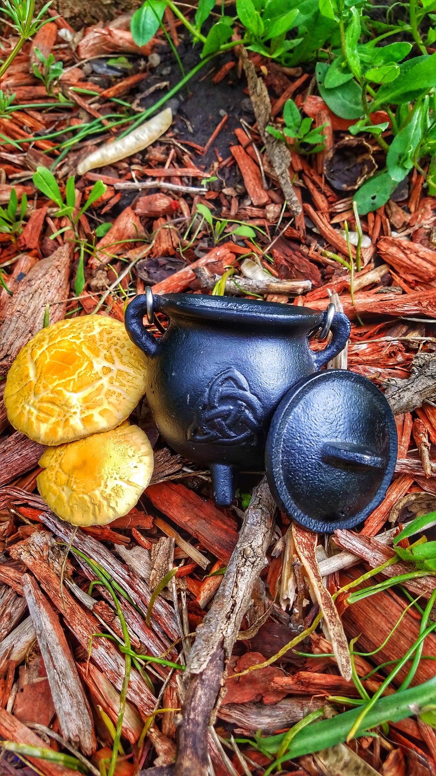 Cast Iron Cauldron with Lid Metal Handle and Handmade loose incense, kitchen witch decor, Apothecary, Wiccan Altar offering, triple moon