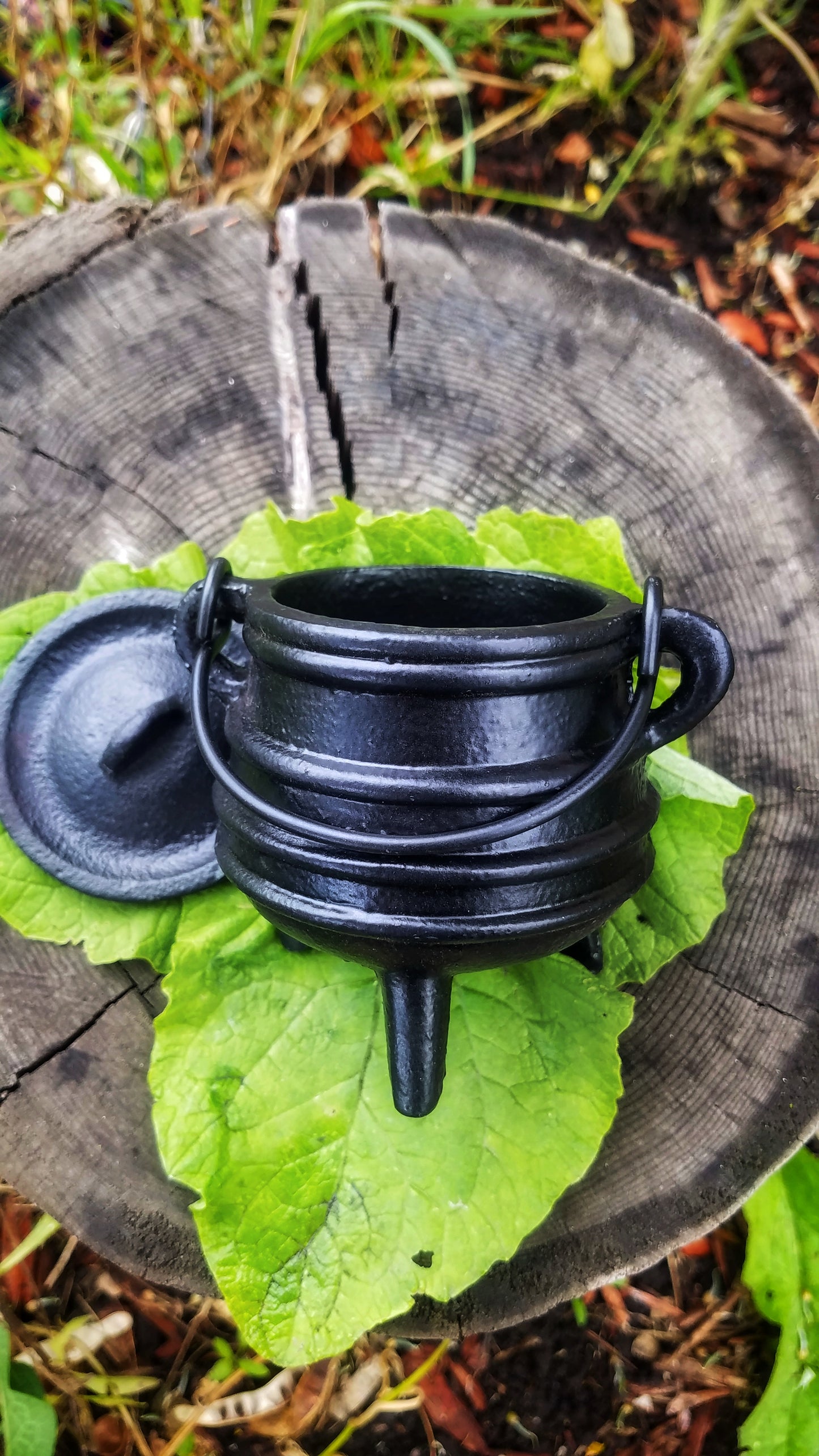 Cast Iron Cauldron with Lid Metal Handle and Handmade loose incense, kitchen witch decor, Apothecary, Wiccan Altar offering, triple moon