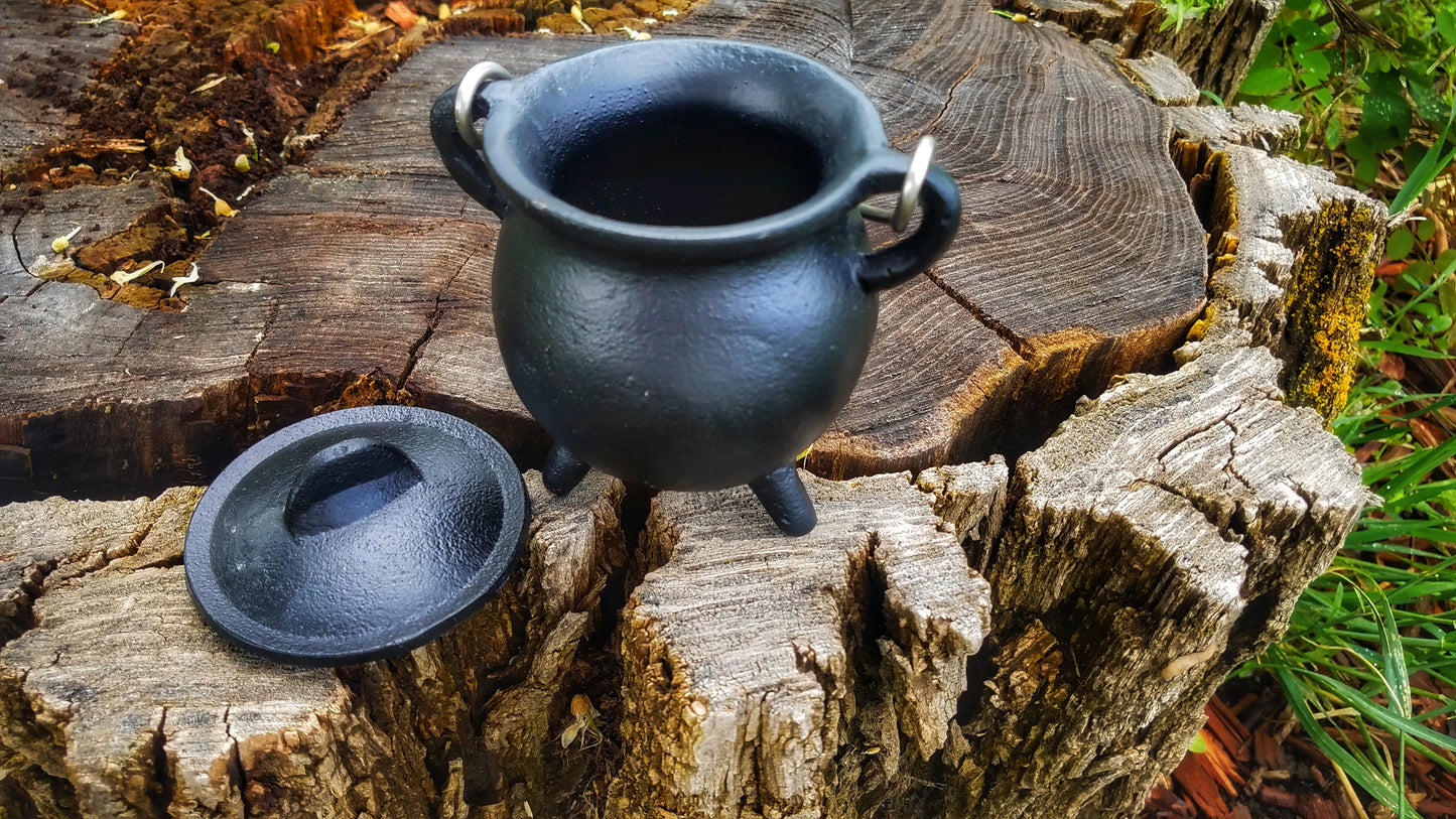 Cast Iron Cauldron with Lid Metal Handle and Handmade loose incense, kitchen witch decor, Apothecary, Wiccan Altar offering, triple moon